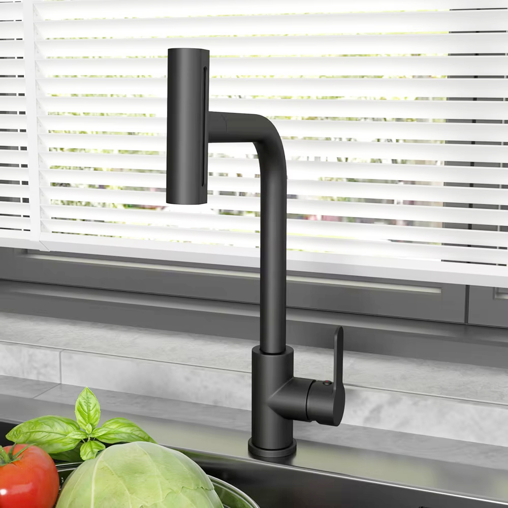 Commercial Kitchen Faucets - ก๊อกน้ำอ่างล้างจานแบบดึงออกได้ สีดำ ปรับได้ 4 โหมด หัวฉีดแบบสเปรย์และแบบลำแสง