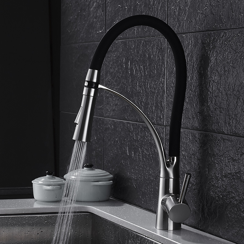 Commercial Kitchen Faucets - ก๊อกน้ำห้องครัวแบบดึงลง ทำจากทองเหลืองแท้ สีดำ ผสมน้ำร้อนน้ำเย็น ติดตั้งบนเคาน์เตอร์ พร้อมสายยางแบบดีไซน์เครน