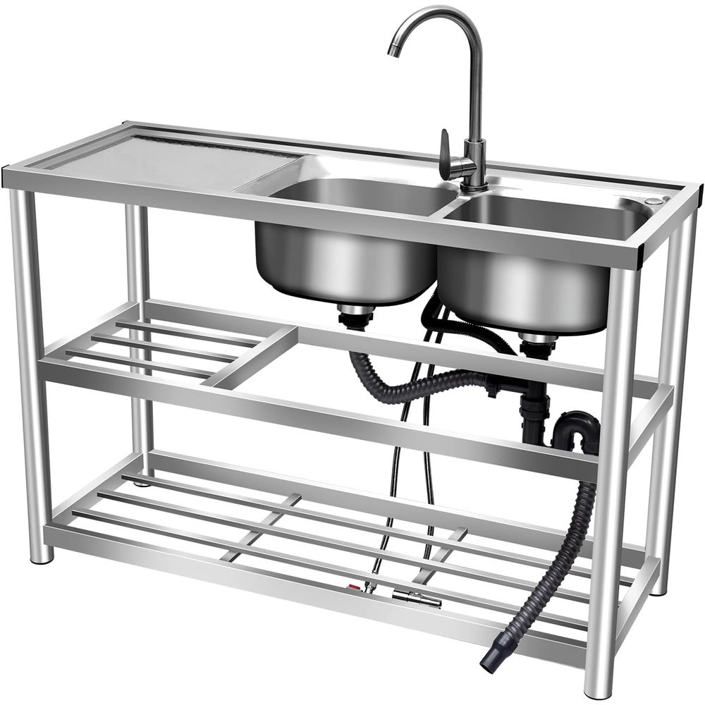 Commercial Kitchen Double Sink - อ่างล้างจานอเนกประสงค์สำหรับครัวเชิงพาณิชย์ 2 อ่าง + เคาน์เตอร์เตรียมอาหาร สแตนเลสสตีล