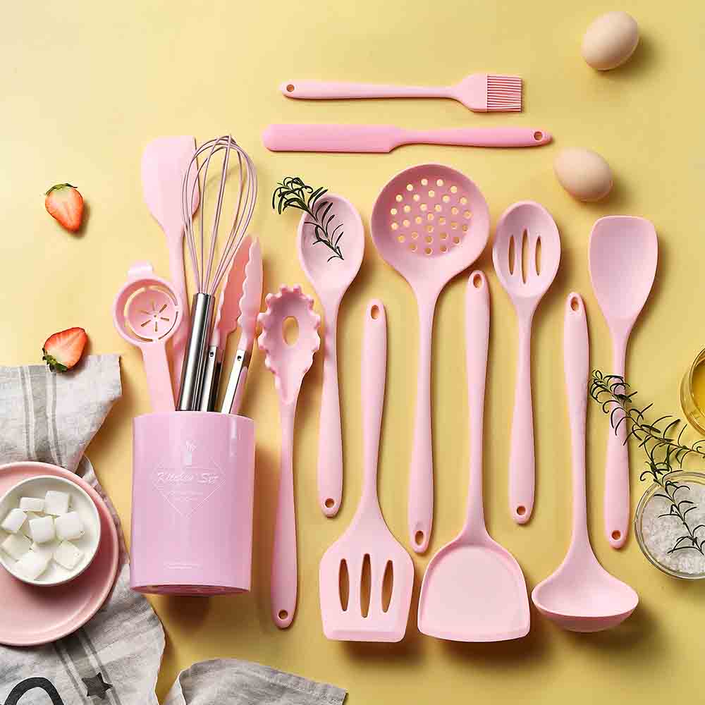 Commercial Kitchen Cooking - 12/15 ชิ้นสีชมพูเกรดอาหารซิลิโคนเครื่องครัวชุด Turner Spatula ช้อนซุปปฏิบัติเครื่องมือทําอาหารเครื่องครัวชุด
