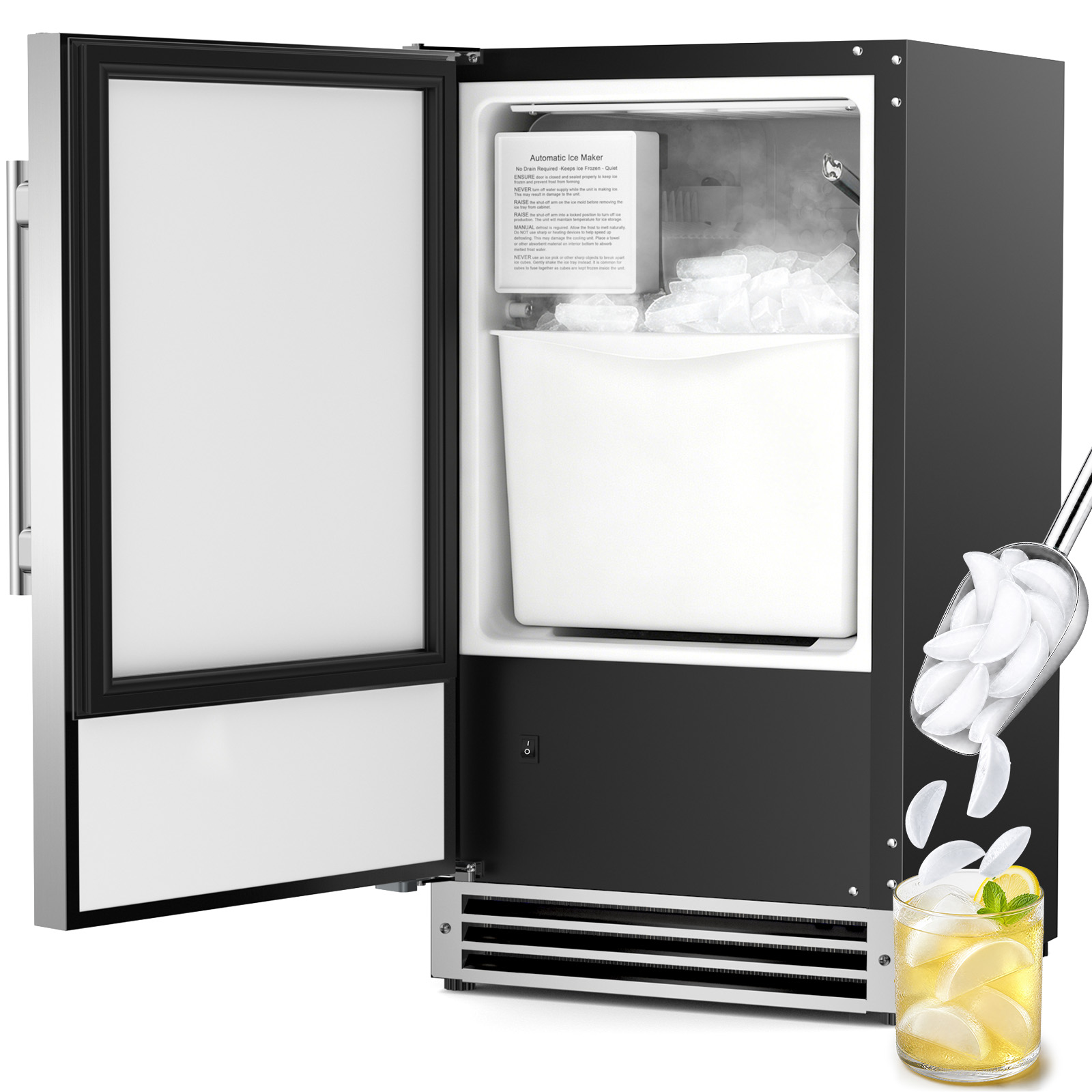 Commercial Kitchen And Bar - เครื่องทำน้ำแข็งใต้เคาน์เตอร์, เครื่องทำน้ำแข็งรูปทรงพระจันทร์เสี้ยวสำหรับใช้งานเชิงพาณิชย์, ผลิตน้ำแข็งได้ 25 ปอนด์/24 ชั่วโมง