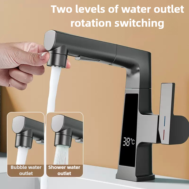 Commercial Kitchen Faucets - ก๊อกน้ำแบบดิจิตอลพร้อมเซ็นเซอร์อุณหภูมิอัจฉริยะ ก๊อกน้ำทองเหลืองสำหรับอ่างล้างหน้า หมุนยกได้ ผสมน้ำร้อนน้ำเย็น