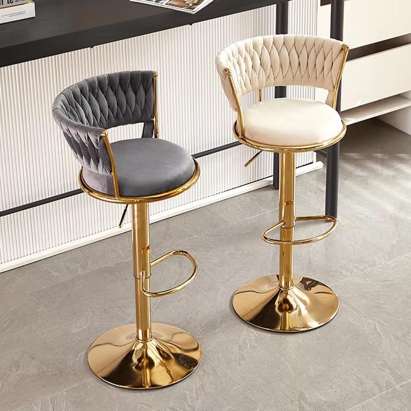 Commercial Kitchen And Bar - เก้าอี้บาร์ทรงกลมกำมะหยี่สีชมพูเมทัลลิกสีทองหรูหราสำหรับครัว ปรับระดับได้ ทนทาน เหมาะสำหรับใช้งานเชิงพาณิชย์ ขายส่ง