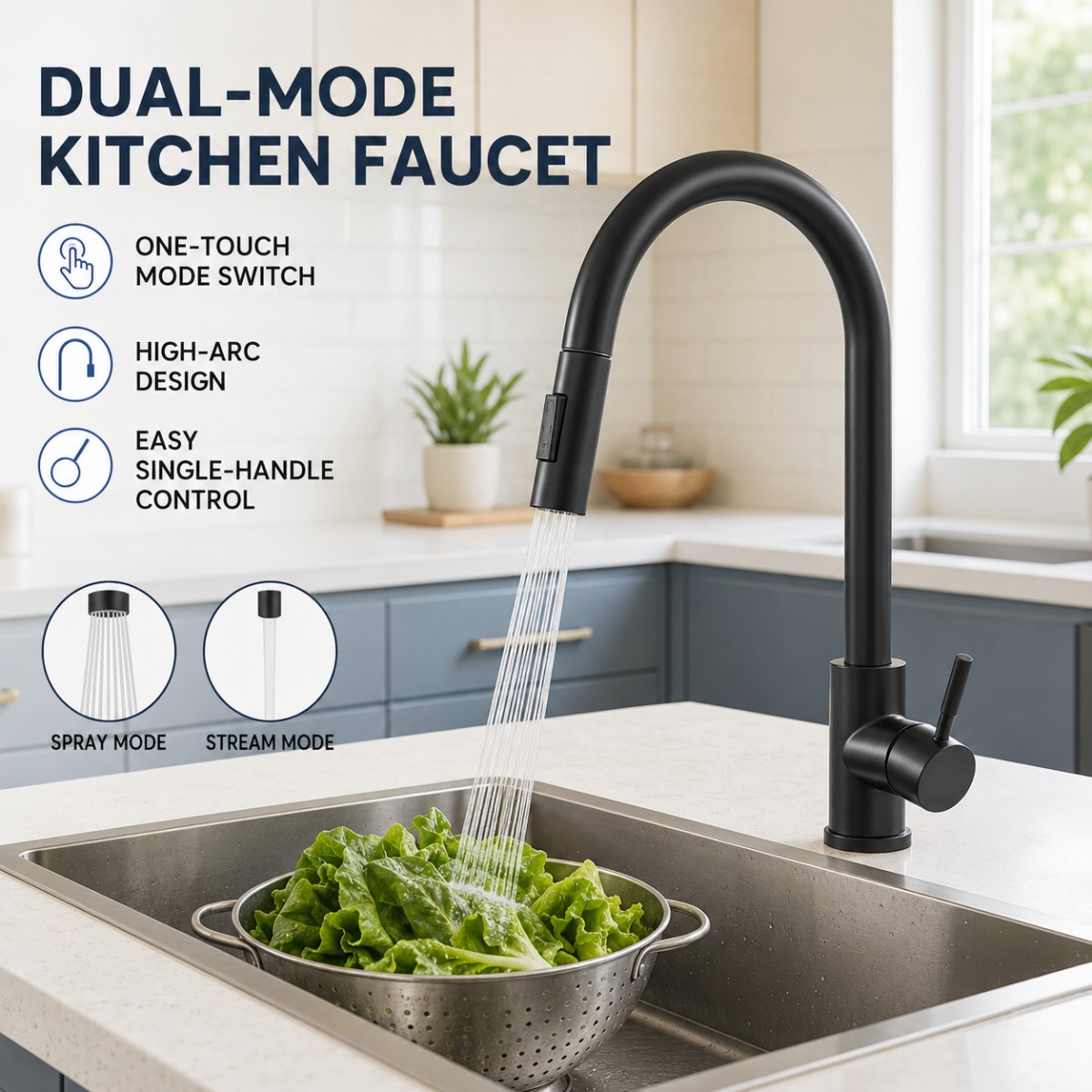Commercial Kitchen Faucets - ก๊อกน้ำห้องครัวสีดำแบบสองฟังก์ชัน พร้อมด้ามจับเดี่ยว สามารถดึงออกได้ สำหรับน้ำร้อนและน้ำเย็น ติดตั้งบนเคาน์เตอร์