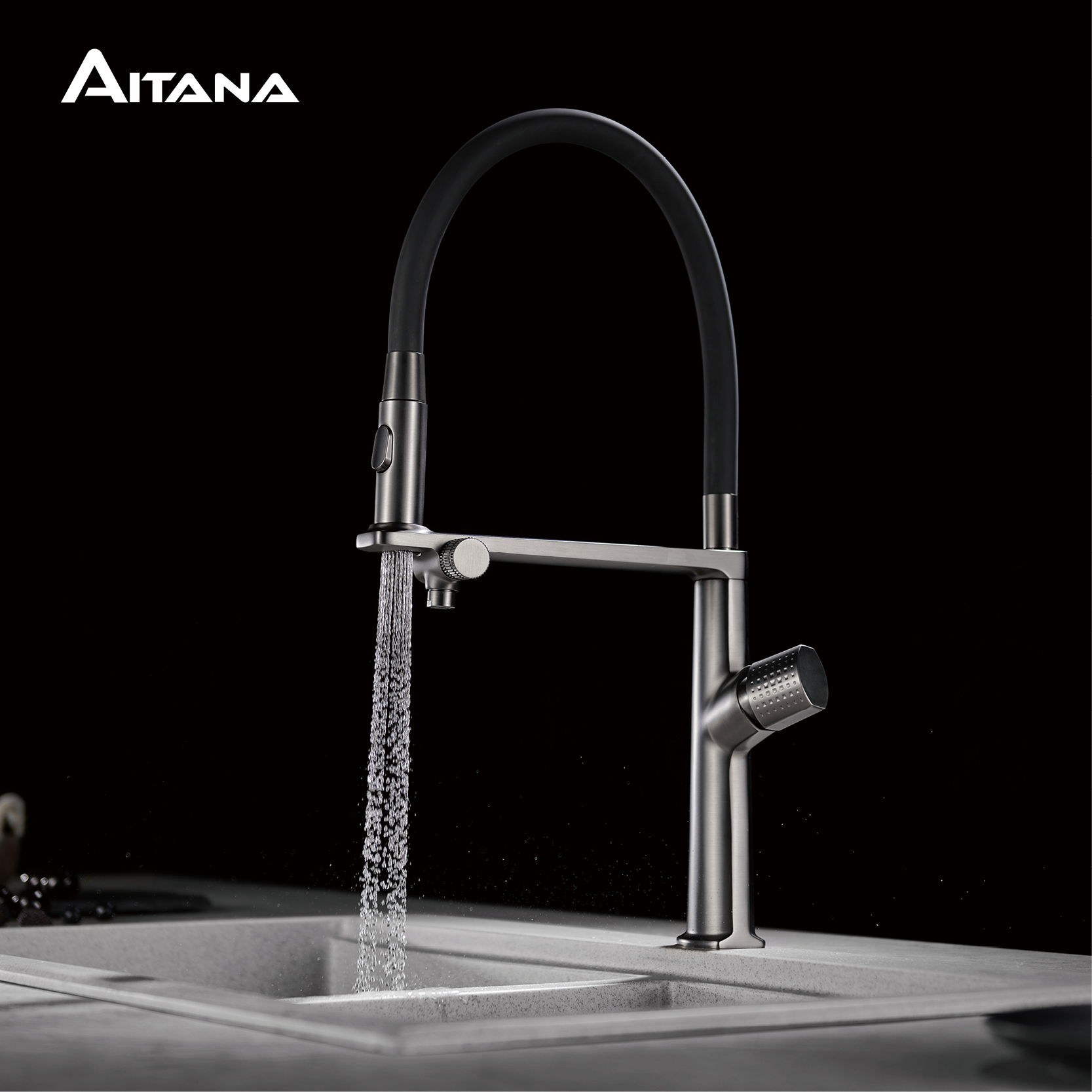 Commercial Kitchen Faucets - ก๊อกน้ำห้องครัวทองเหลืองสีเทาหรูหรา 1 รู แบบสองมือจับ ควบคุมน้ำร้อนน้ำเย็นได้ พร้อมฟังก์ชั่นกรองน้ำ