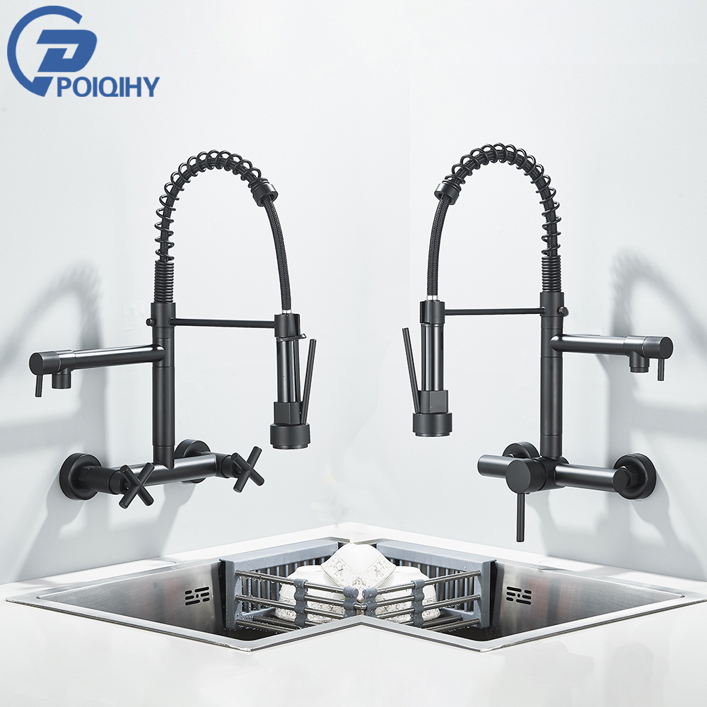 Commercial Kitchen Faucets - ก๊อกน้ําห้องครัวสีดํา 360 หมุนดึงมือ Sprayer พร้อมหัวเข็มขัดก๊อกน้ําห้องครัวติดผนังน้ําร้อนเย็น Mixer